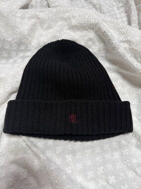 Lauren Ralph Lauren Lambs Wool Black Beanie Hat w/ Embroidered Logo